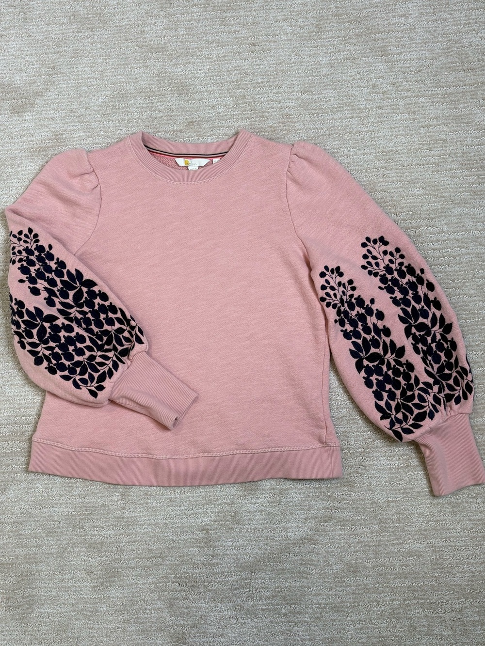 Boden Pink Puff Sleeve Sweatshirt with Black Floral Sleeve Detail - Picture 4 of 9